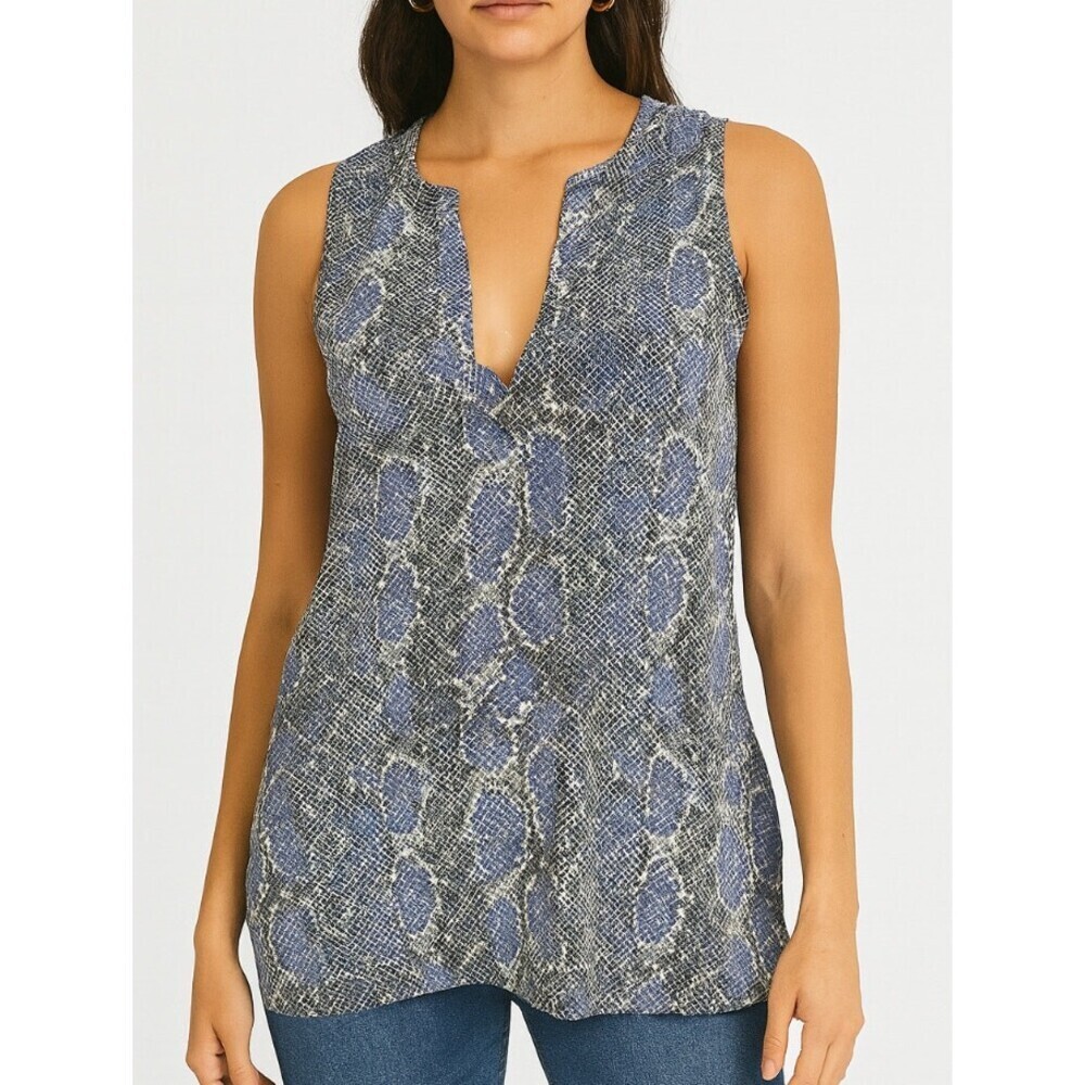 Joie top blouse V-neck snake print semi sheer back Silk blue/black python SZ SM